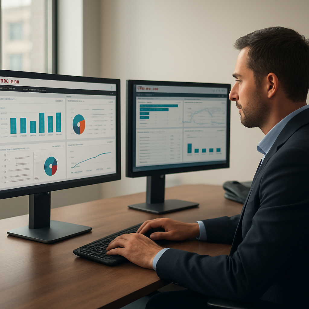 IT professional reviewing Oracle EBS dashboards at a modern UK office workstation